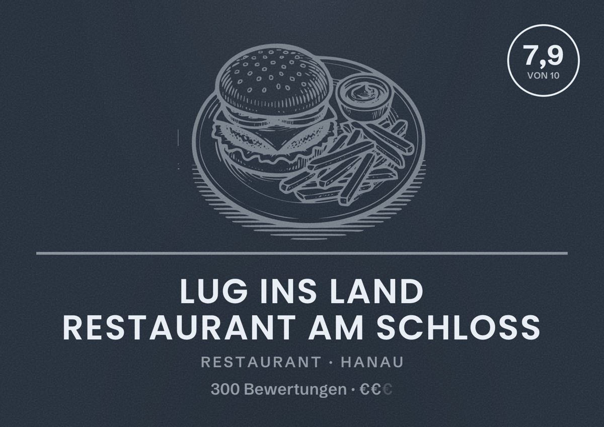 Illustriertes Poster von Lug ins Land Restaurant am Schloss, Restaurant in Hanau: Bewertung 7,9 von 10 aus 300 Bewertungen, Preisniveau €€