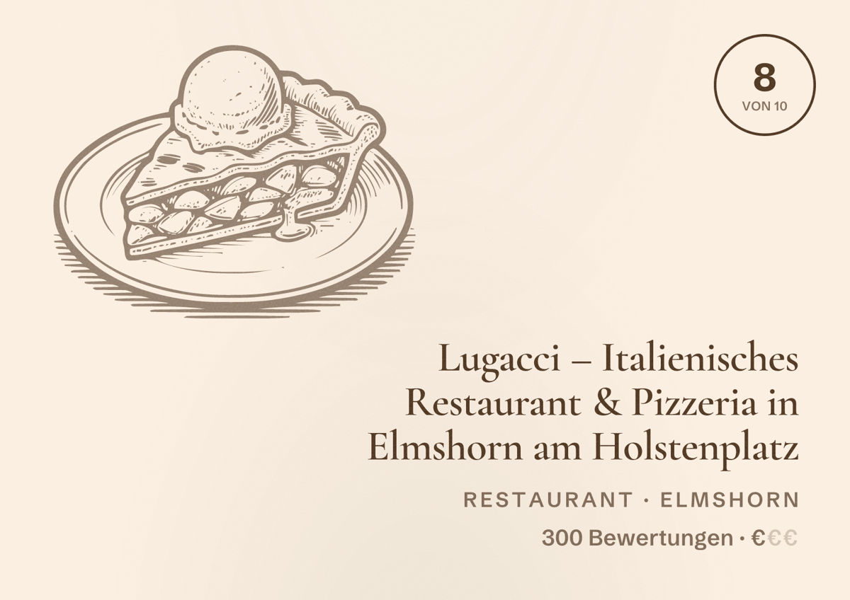 Illustriertes Poster von Lugacci – Italienisches Restaurant & Pizzeria in Elmshorn am Holstenplatz, Restaurant in Elmshorn: Bewertung 8 von 10 aus 300 Bewertungen, Preisniveau €
