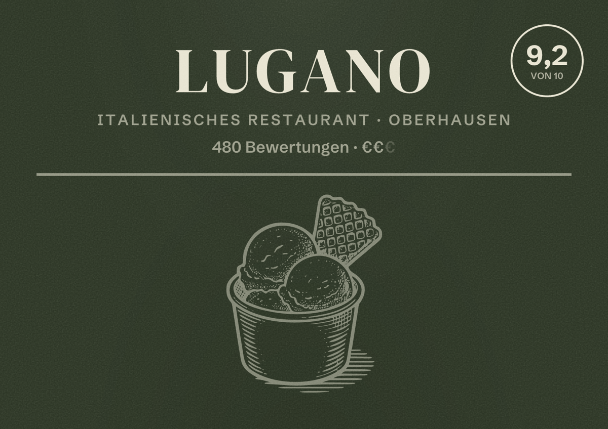 Illustriertes Poster von Lugano, Italienisches Restaurant in Oberhausen: Bewertung 9,2 von 10 aus 480 Bewertungen, Preisniveau €€