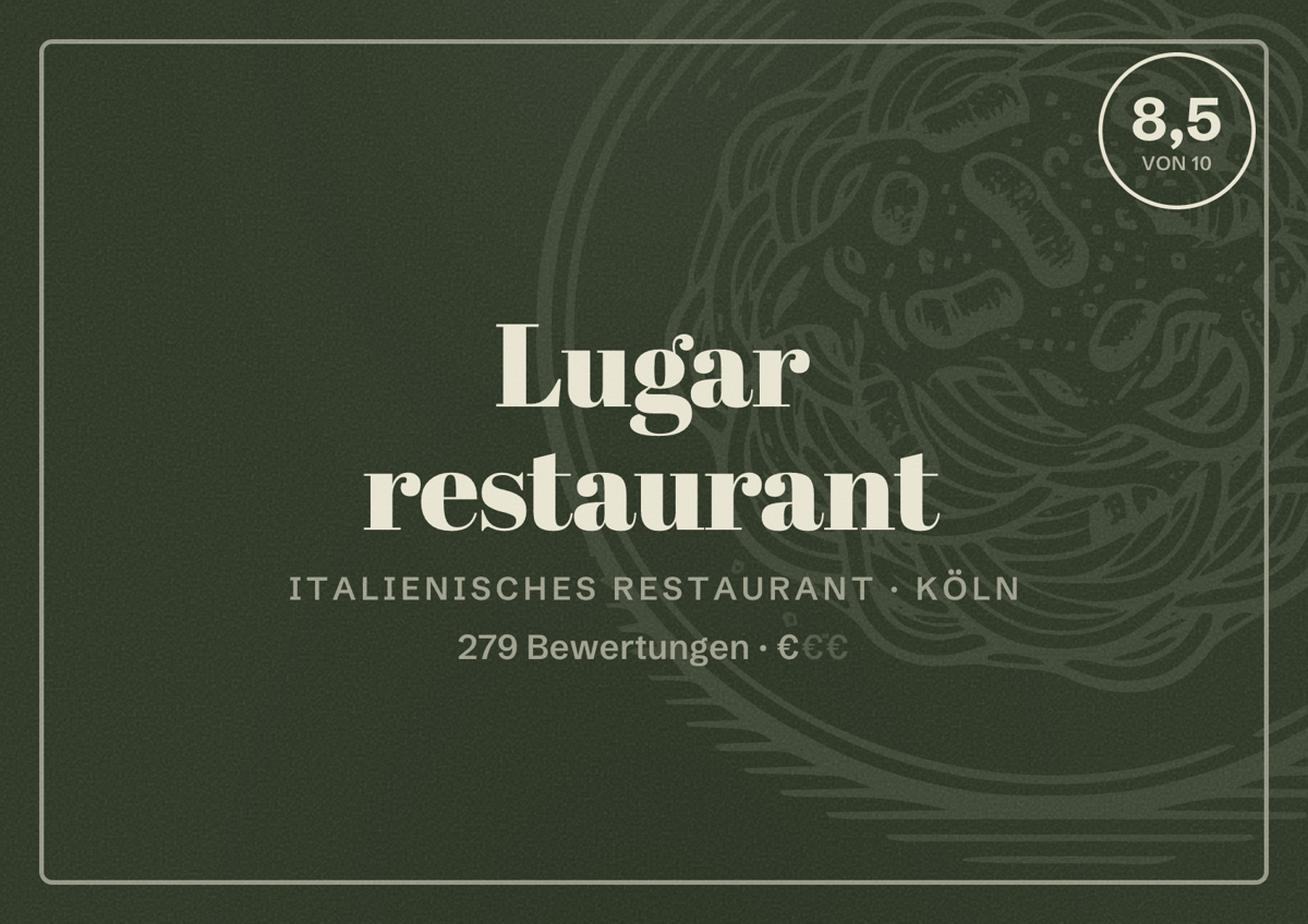 Illustriertes Poster von Lugar restaurant, Italienisches Restaurant in Köln: Bewertung 8,5 von 10 aus 279 Bewertungen, Preisniveau €