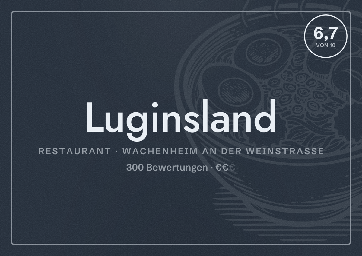 Illustriertes Poster von Luginsland, Restaurant in Wachenheim an der Weinstraße: Bewertung 6,7 von 10 aus 300 Bewertungen, Preisniveau €€