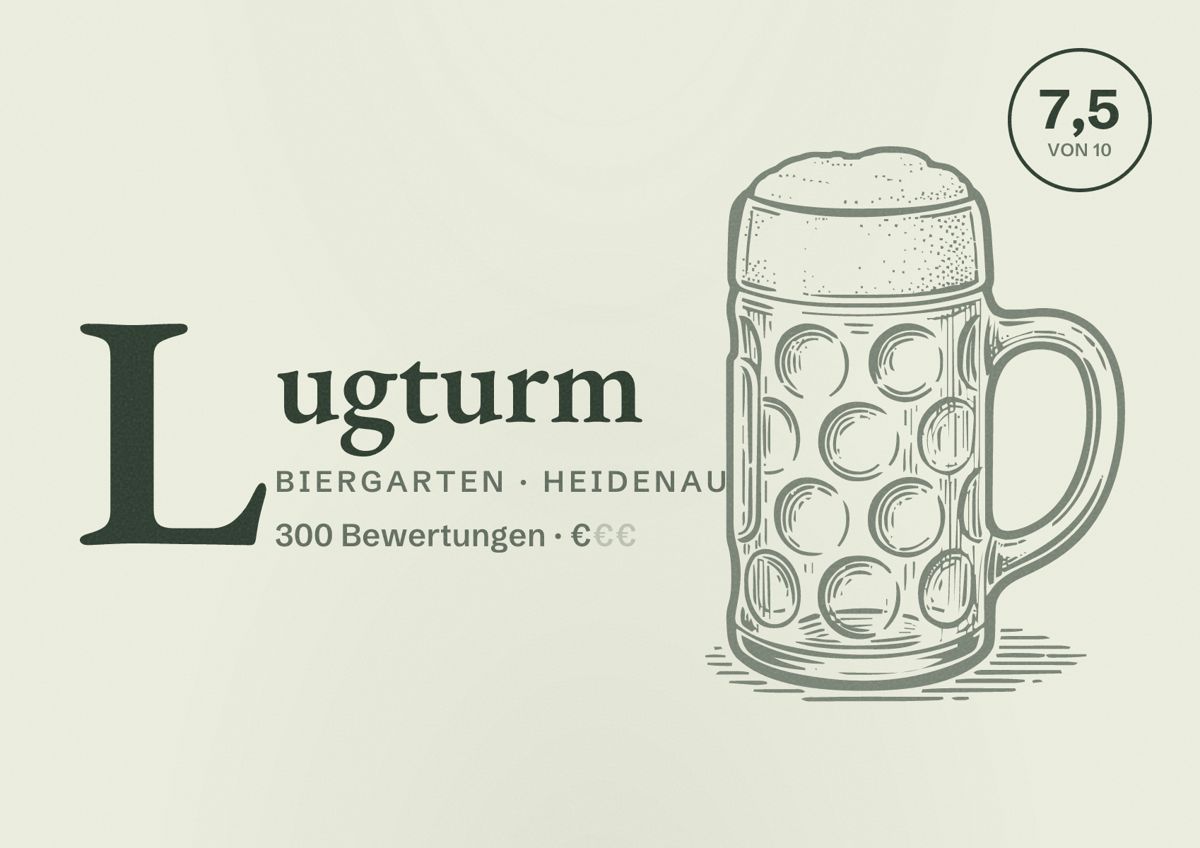 Illustriertes Poster von Lugturm, Biergarten in Heidenau: Bewertung 7,5 von 10 aus 300 Bewertungen, Preisniveau €