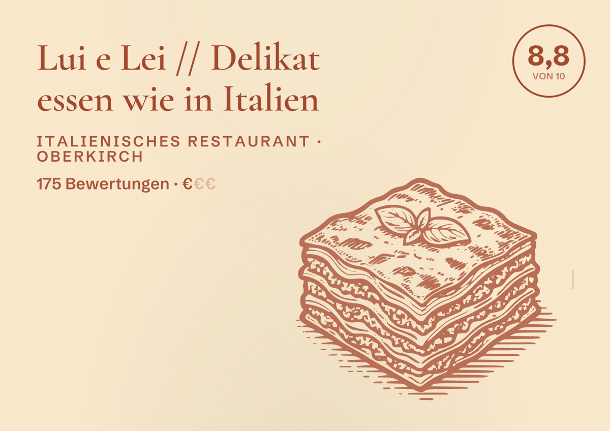 Illustriertes Poster von Lui e Lei // Delikat essen wie in Italien, Italienisches Restaurant in Oberkirch: Bewertung 8,8 von 10 aus 175 Bewertungen, Preisniveau €