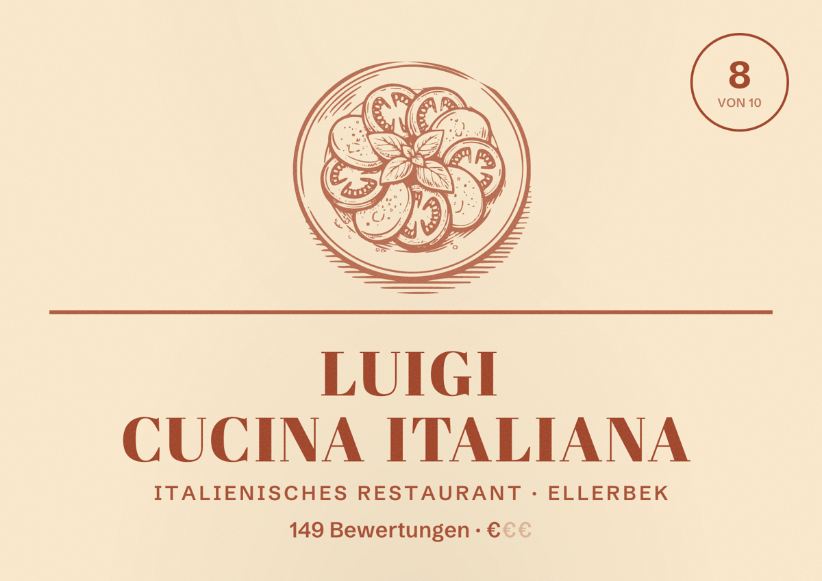 Illustriertes Poster von Luigi cucina italiana, Italienisches Restaurant in Ellerbek: Bewertung 8 von 10 aus 149 Bewertungen, Preisniveau €
