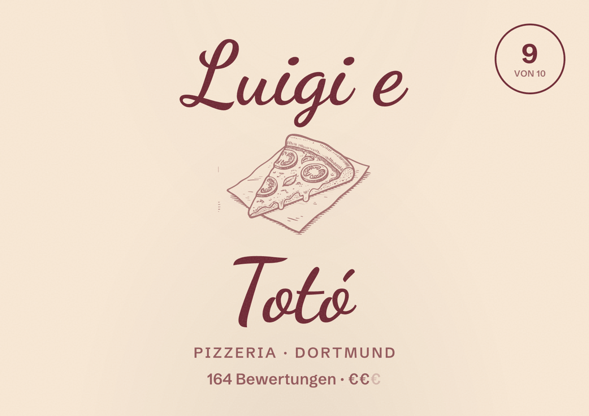 Illustriertes Poster von Luigi e Totó, Pizzeria in Dortmund: Bewertung 9 von 10 aus 164 Bewertungen, Preisniveau €€