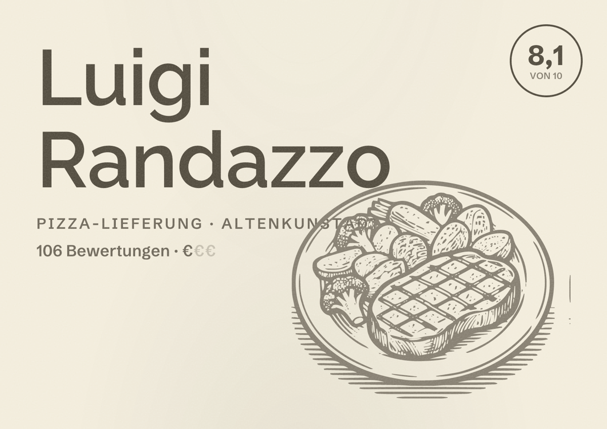 Illustriertes Poster von Luigi Randazzo, Pizza-Lieferung in Altenkunstadt: Bewertung 8,1 von 10 aus 106 Bewertungen, Preisniveau €