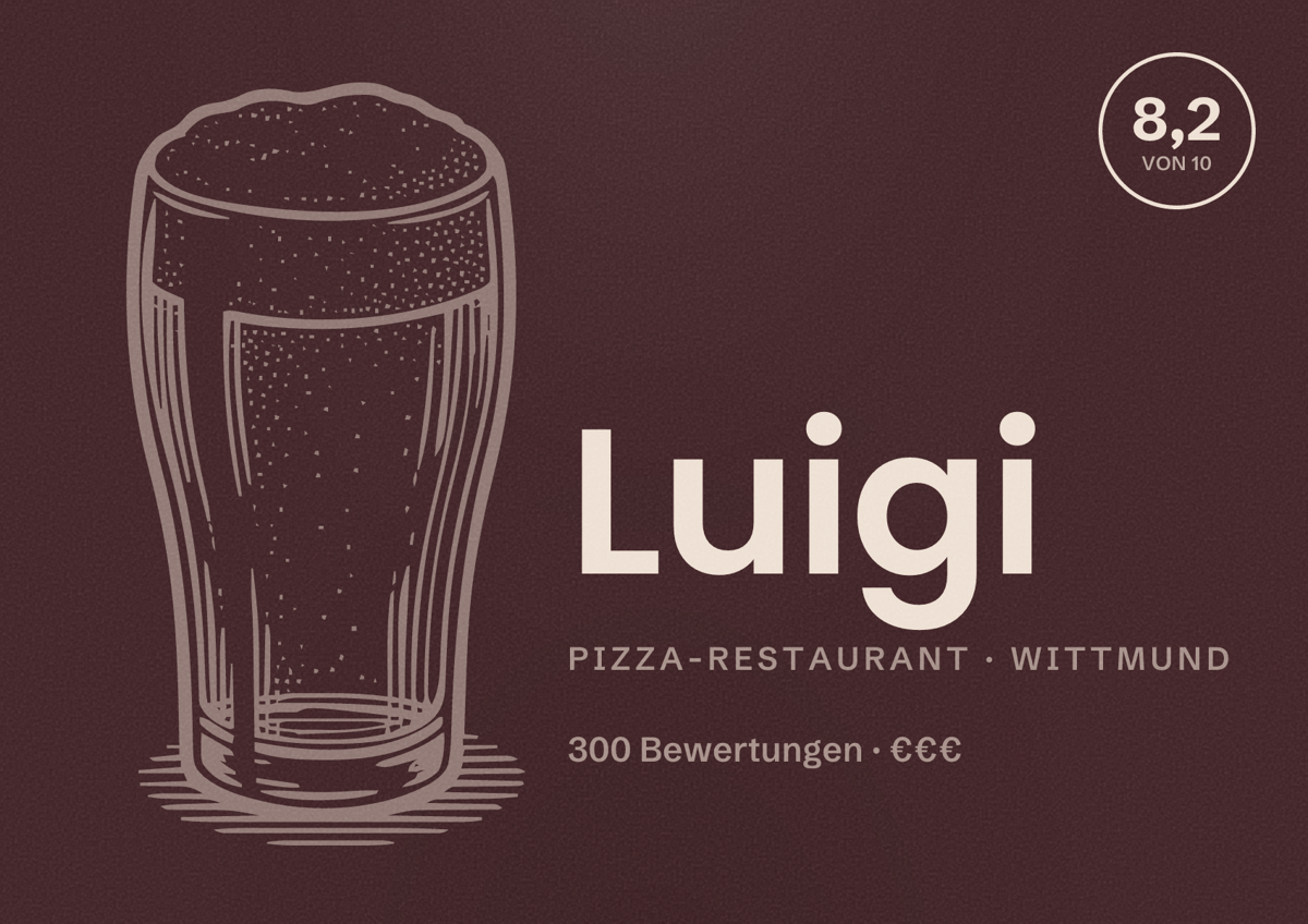 Illustriertes Poster von Luigi, Pizza-Restaurant in Wittmund: Bewertung 8,2 von 10 aus 300 Bewertungen, Preisniveau €€€