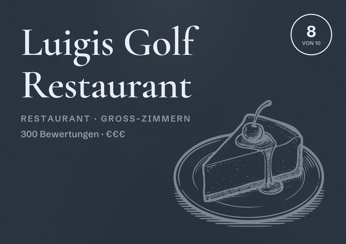 Illustriertes Poster von Luigis Golf Restaurant, Restaurant in Groß-Zimmern: Bewertung 8 von 10 aus 300 Bewertungen, Preisniveau €€€