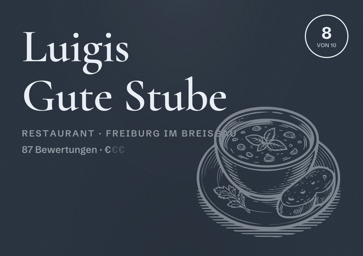Illustriertes Poster von Luigis Gute Stube, Restaurant in Freiburg im Breisgau: Bewertung 8,0 von 10 aus 87 Bewertungen, Preisniveau €