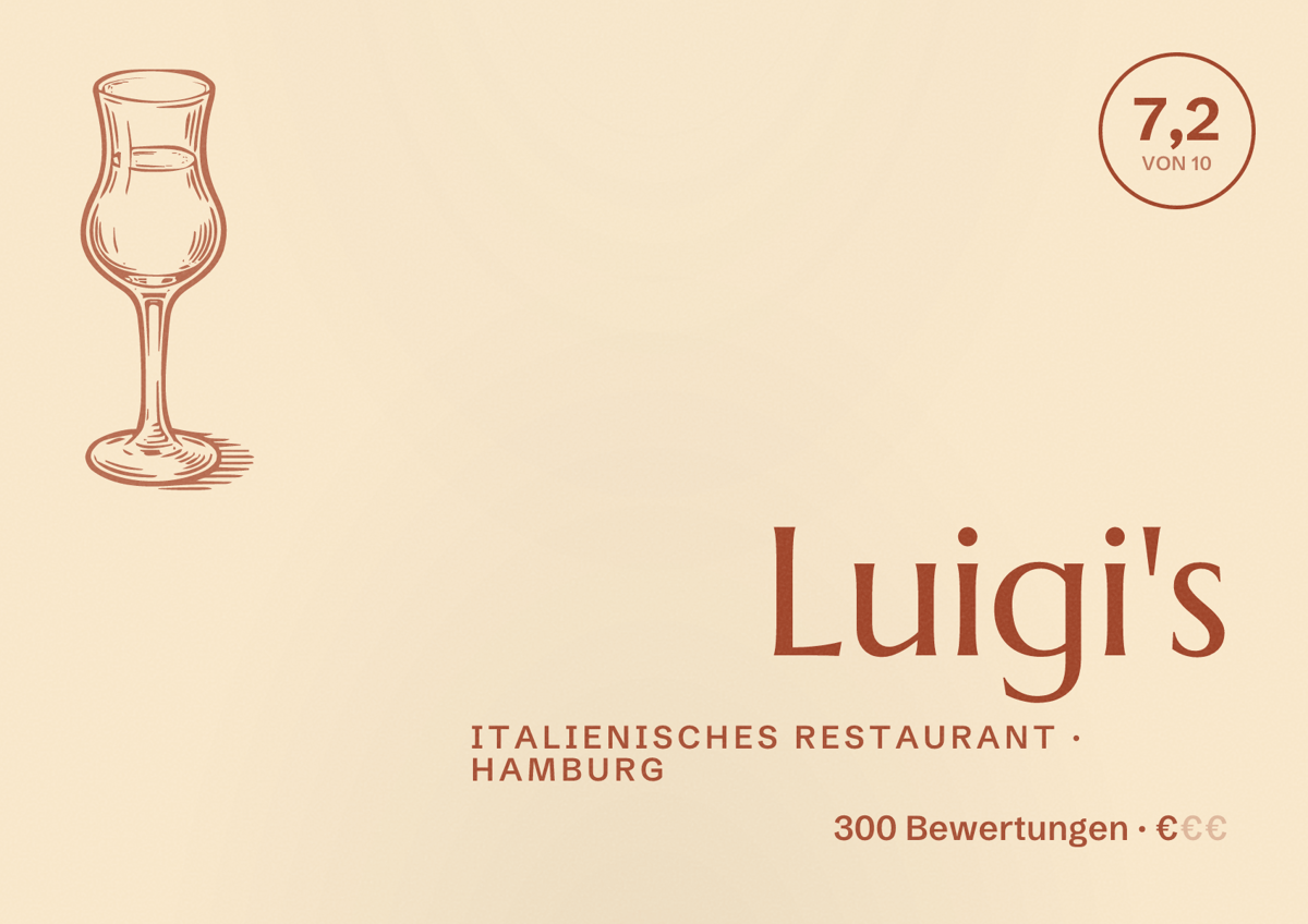 Illustriertes Poster von Luigi's, Italienisches Restaurant in Hamburg: Bewertung 7,2 von 10 aus 300 Bewertungen, Preisniveau €