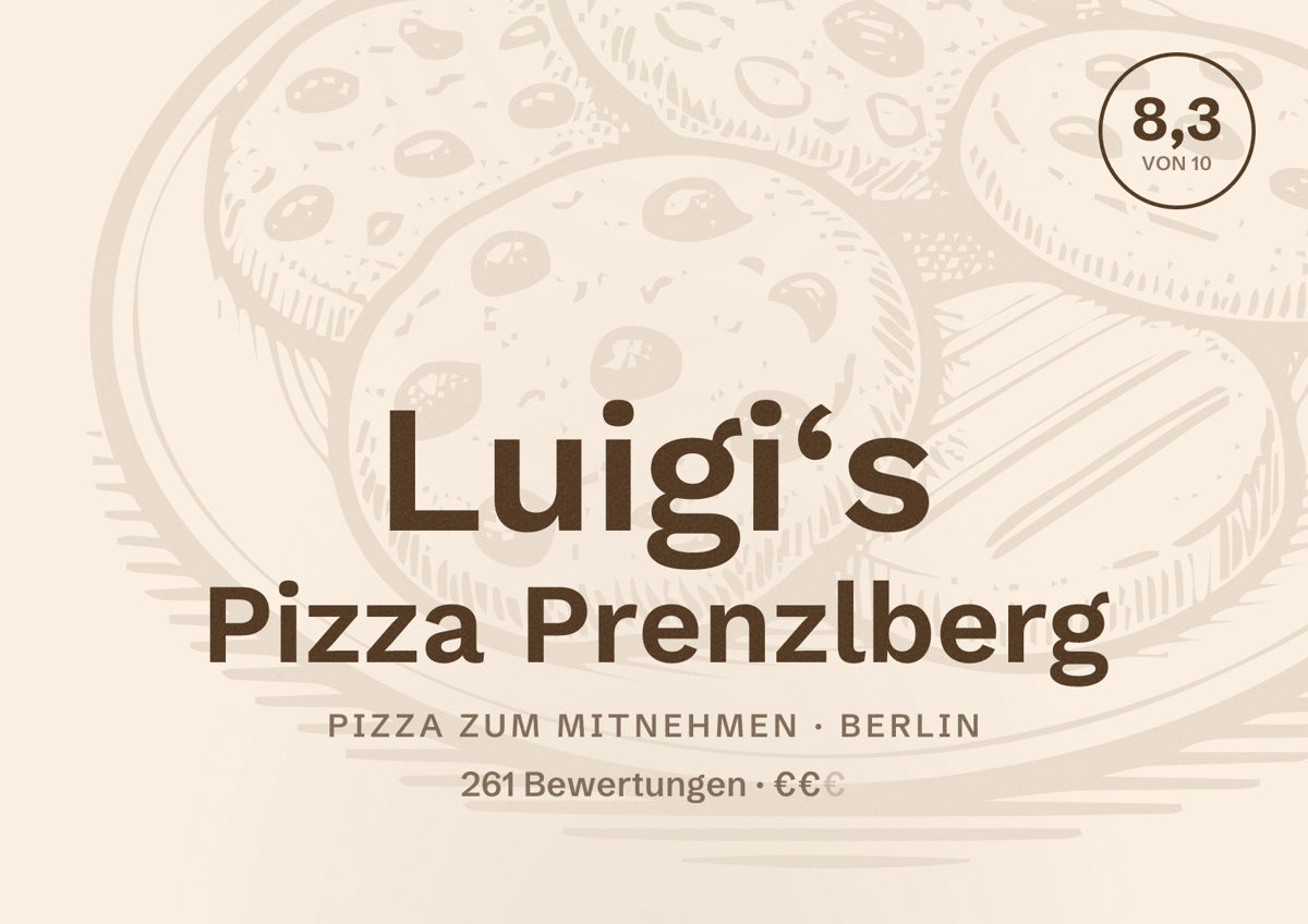 Illustriertes Poster von Luigi‘s Pizza Prenzlberg, Pizza zum Mitnehmen in Berlin: Bewertung 8,3 von 10 aus 261 Bewertungen, Preisniveau €€