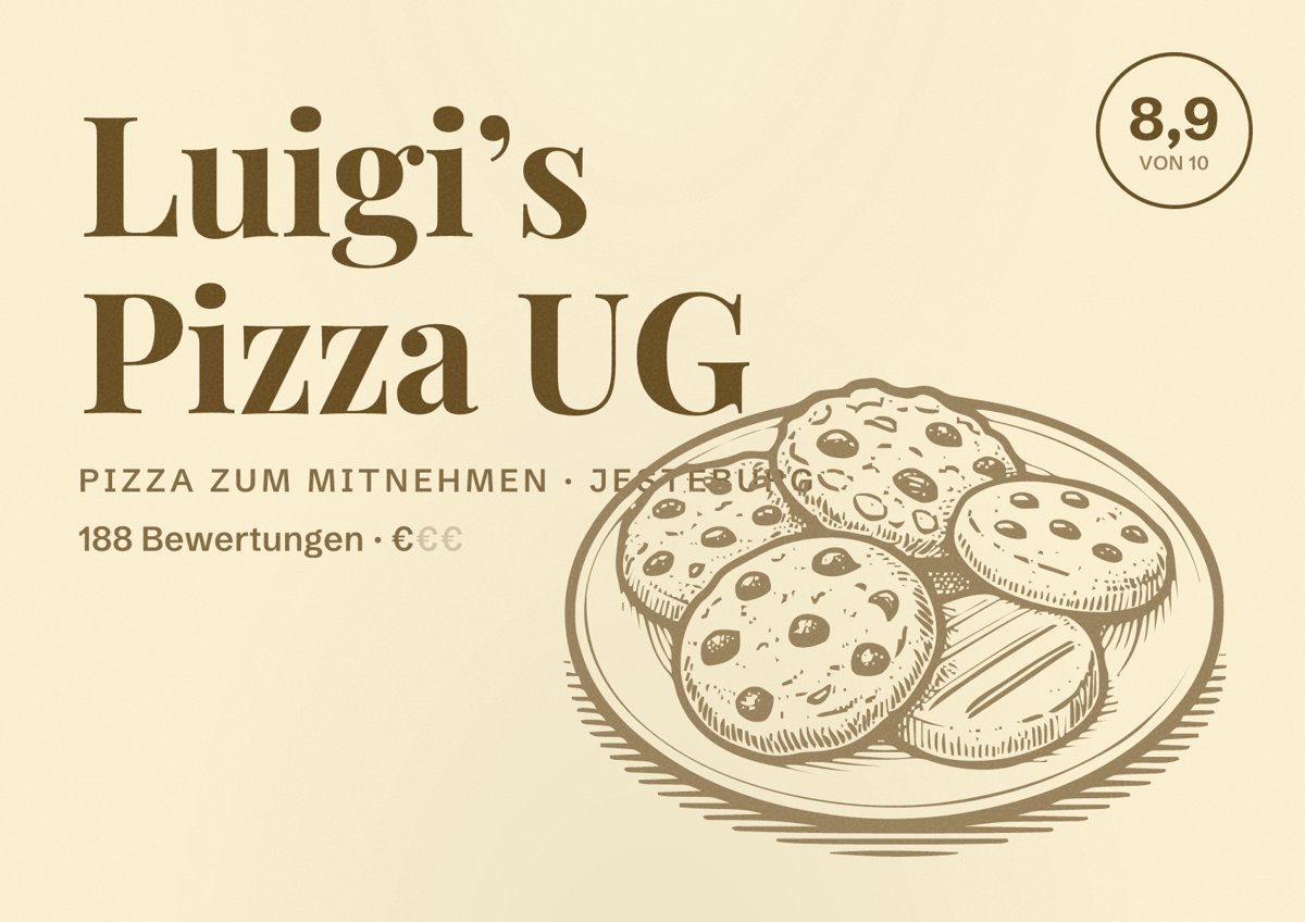 Illustriertes Poster von Luigi’s Pizza UG, Pizza zum Mitnehmen in Jesteburg: Bewertung 8,9 von 10 aus 188 Bewertungen, Preisniveau €
