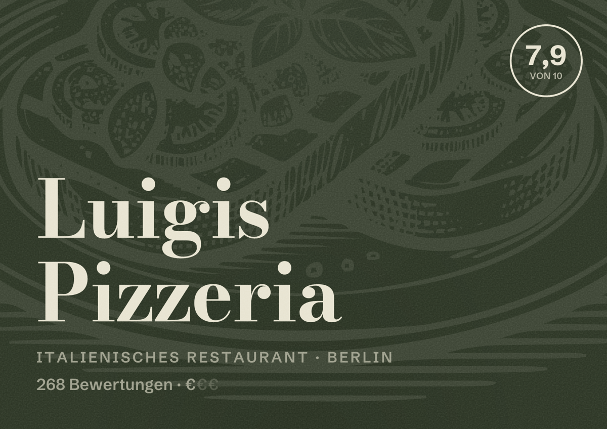 Illustriertes Poster von Luigis Pizzeria, Italienisches Restaurant in Berlin: Bewertung 7,9 von 10 aus 268 Bewertungen, Preisniveau €