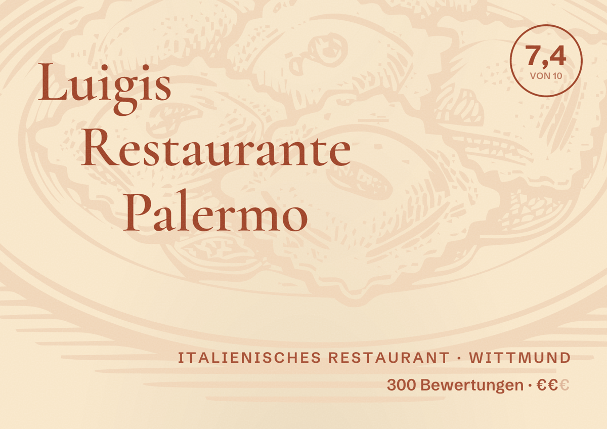 Illustriertes Poster von Luigis Restaurante Palermo, Italienisches Restaurant in Wittmund: Bewertung 7,4 von 10 aus 300 Bewertungen, Preisniveau €€