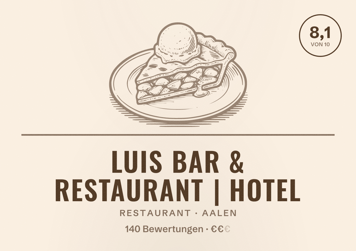 Illustriertes Poster von LUIS Bar & Restaurant | Hotel, Restaurant in Aalen: Bewertung 8,1 von 10 aus 140 Bewertungen, Preisniveau €€