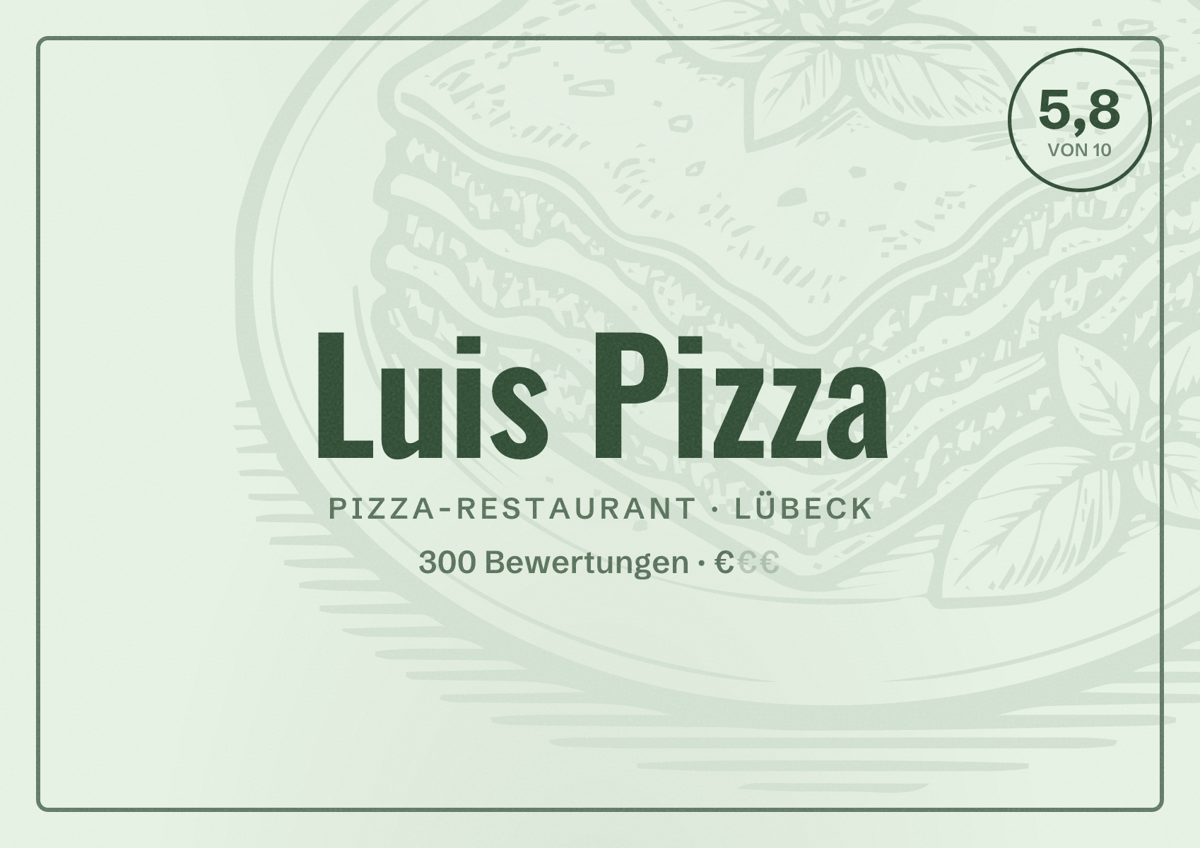 Illustriertes Poster von Luis Pizza, Pizza-Restaurant in Lübeck: Bewertung 5,8 von 10 aus 300 Bewertungen, Preisniveau €