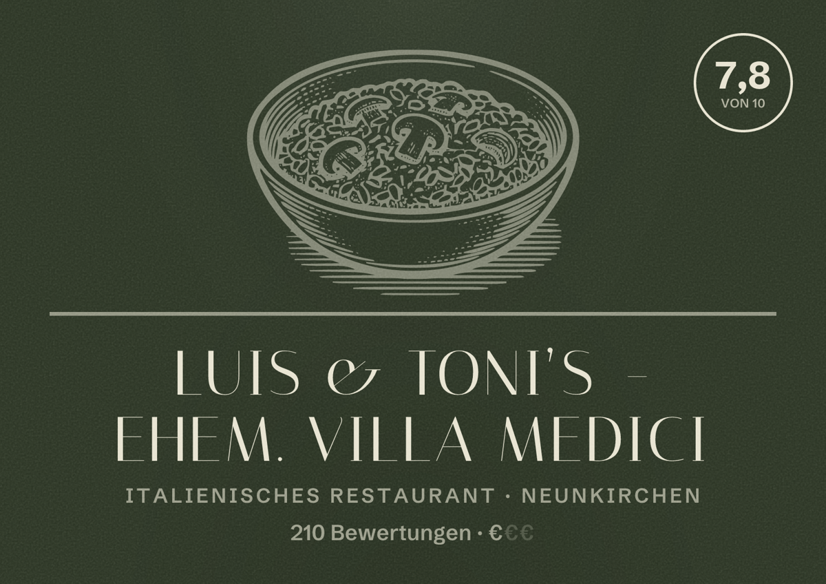 Illustriertes Poster von Luis & Toni’s - ehem. Villa Medici, Italienisches Restaurant in Neunkirchen: Bewertung 7,8 von 10 aus 210 Bewertungen, Preisniveau €