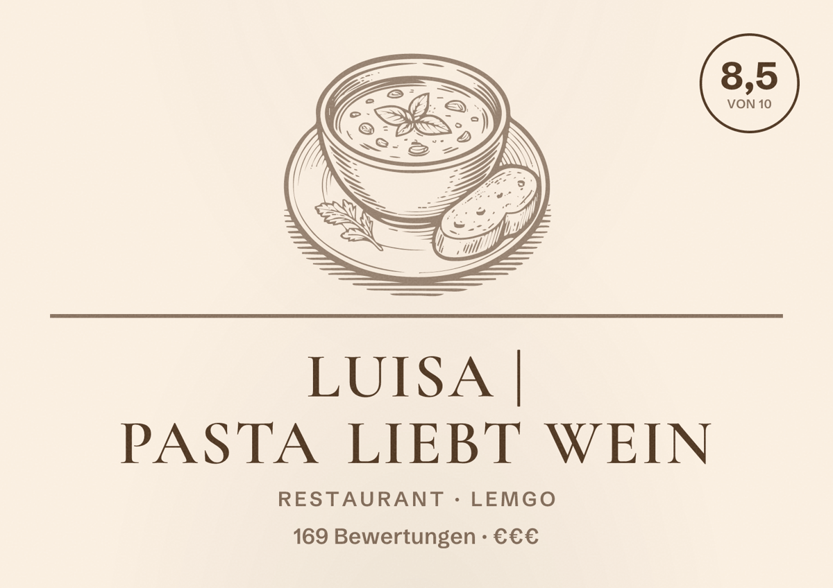 Illustriertes Poster von Luisa | Pasta liebt Wein, Restaurant in Lemgo: Bewertung 8,5 von 10 aus 169 Bewertungen, Preisniveau €€€