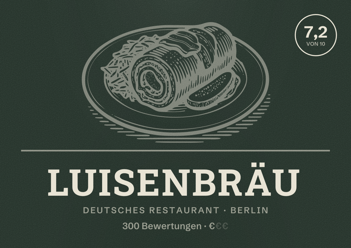 Illustriertes Poster von Luisenbräu, Deutsches Restaurant in Berlin: Bewertung 7,2 von 10 aus 300 Bewertungen, Preisniveau €