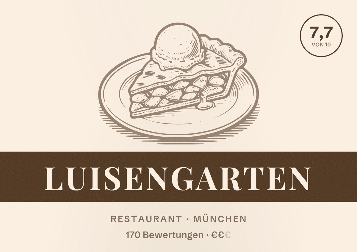 Illustriertes Poster von Luisengarten, Restaurant in München: Bewertung 7,7 von 10 aus 170 Bewertungen, Preisniveau €€