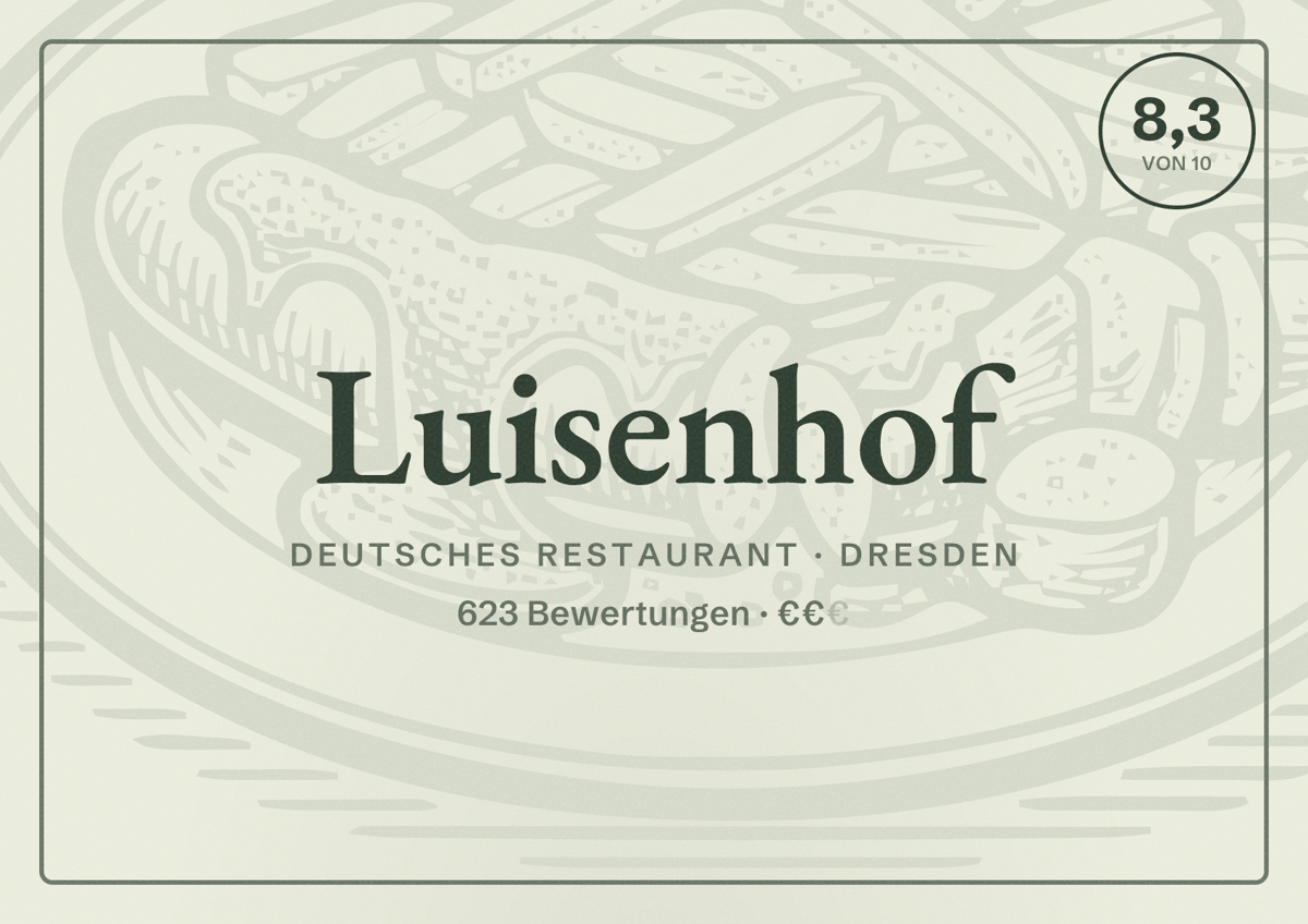 Illustriertes Poster von Luisenhof, Deutsches Restaurant in Dresden: Bewertung 8,3 von 10 aus 623 Bewertungen, Preisniveau €€