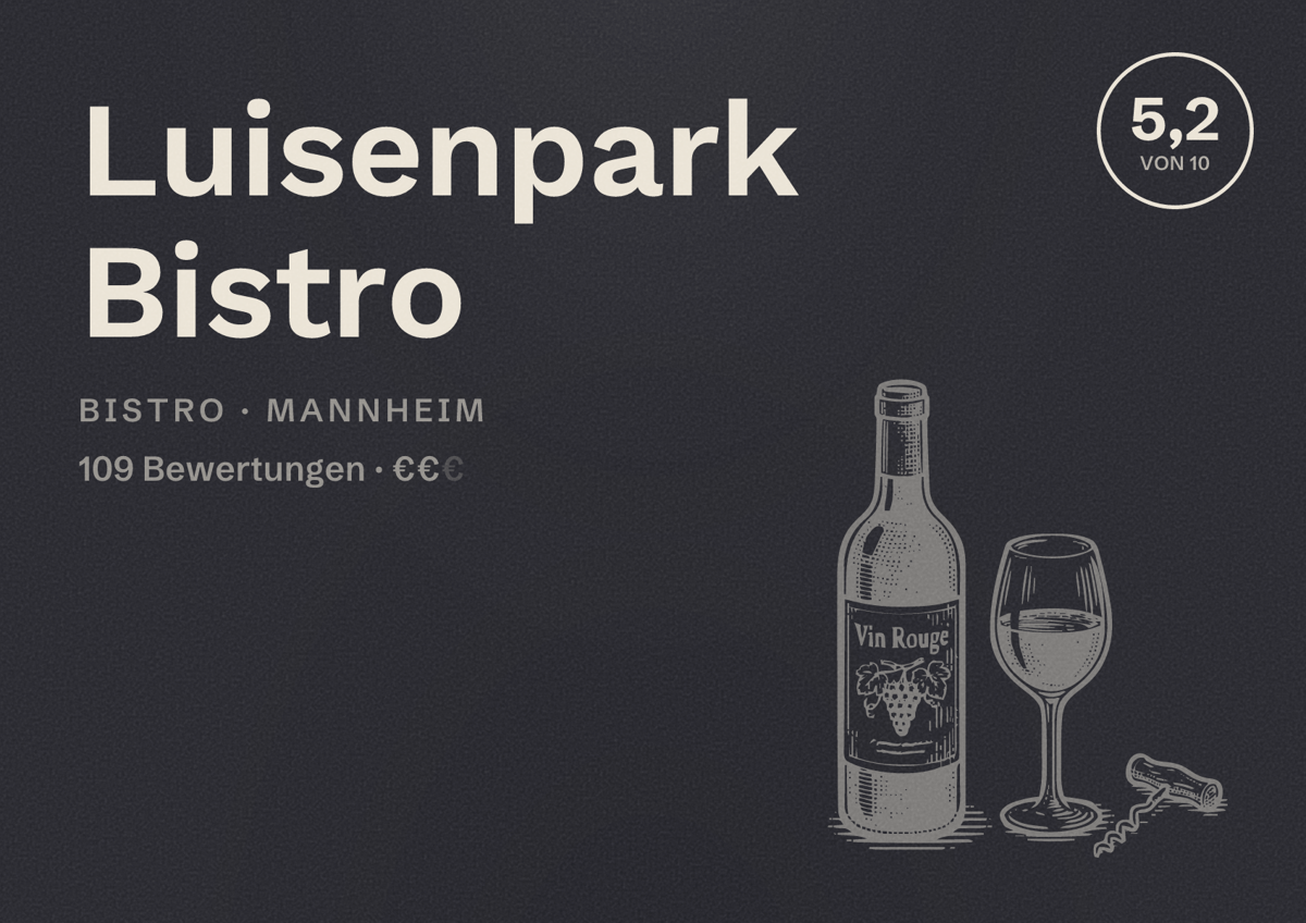 Illustriertes Poster von Luisenpark Bistro, Bistro in Mannheim: Bewertung 5,2 von 10 aus 109 Bewertungen, Preisniveau €€
