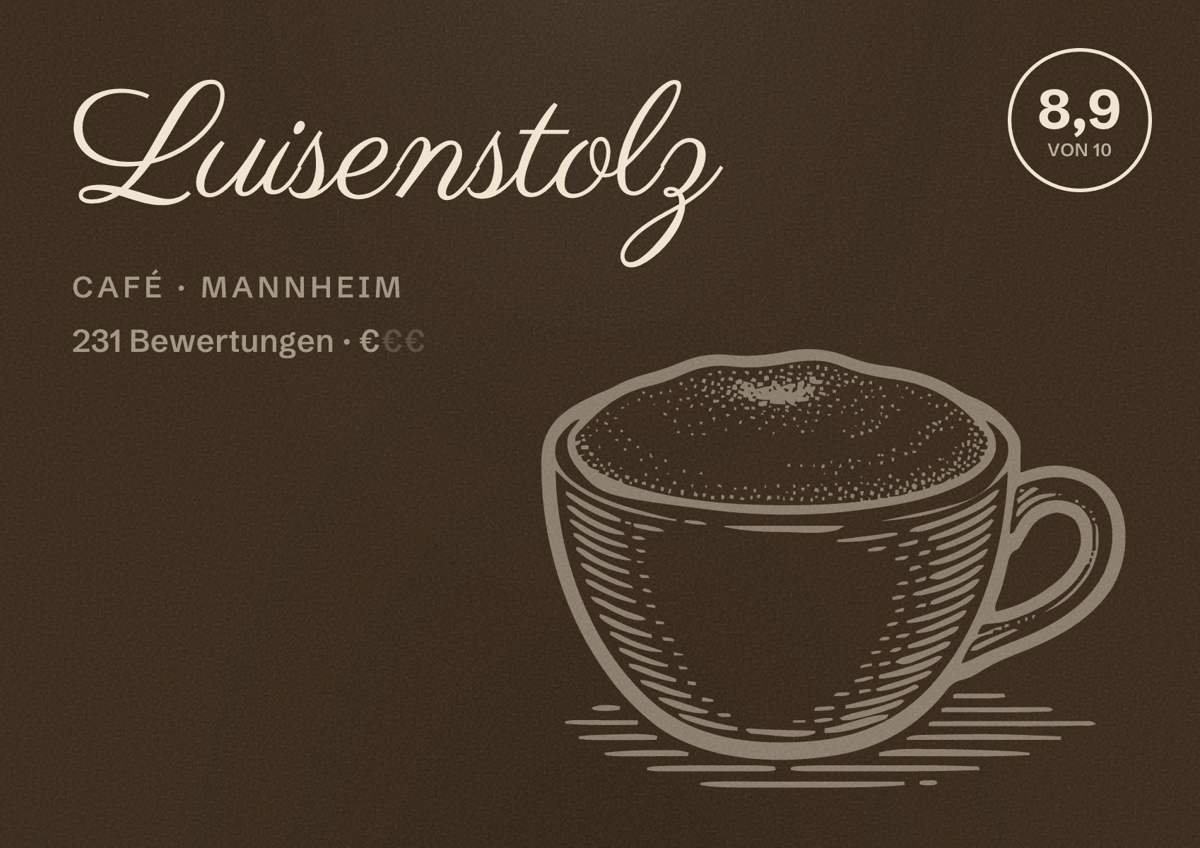Illustriertes Poster von Luisenstolz, Café in Mannheim: Bewertung 8,9 von 10 aus 231 Bewertungen, Preisniveau €
