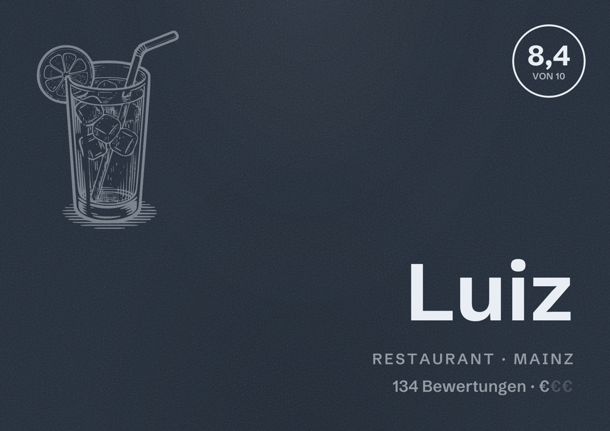 Illustriertes Poster von Luiz, Restaurant in Mainz: Bewertung 8,4 von 10 aus 134 Bewertungen, Preisniveau €
