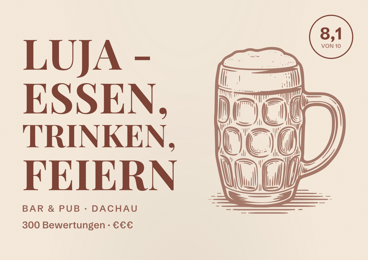 Illustriertes Poster von Luja - Essen, Trinken, Feiern, Bar & Pub in Dachau: Bewertung 8,1 von 10 aus 300 Bewertungen, Preisniveau €€€