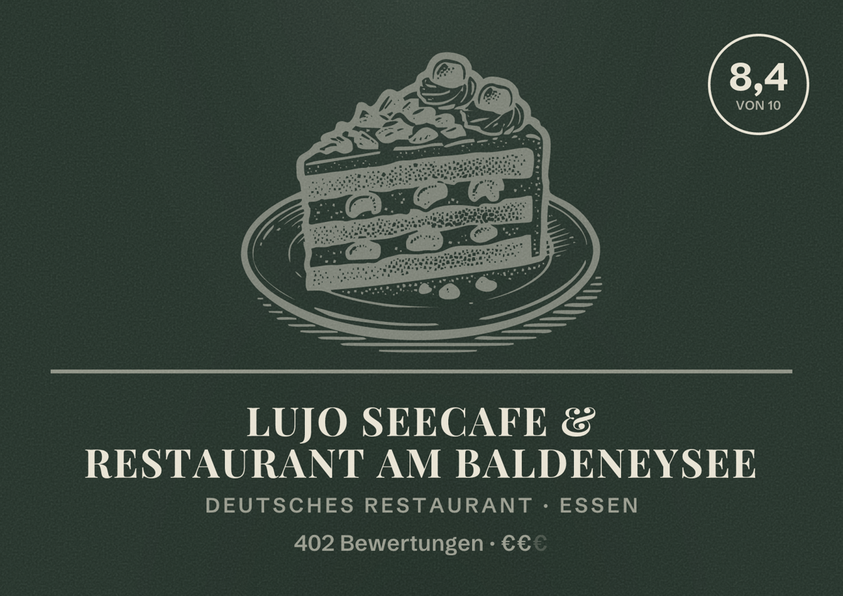 Illustriertes Poster von LUJO Seecafe & Restaurant am Baldeneysee, Deutsches Restaurant in Essen: Bewertung 8,4 von 10 aus 402 Bewertungen, Preisniveau €€