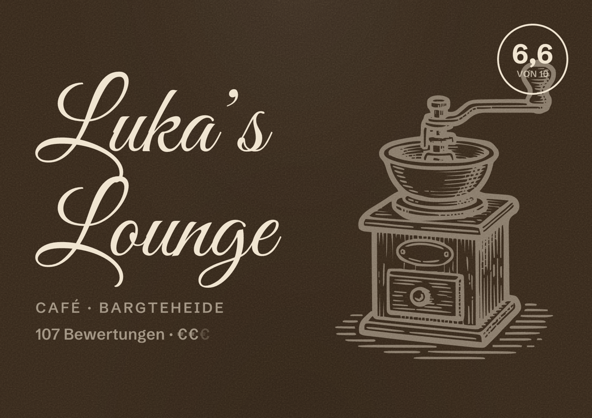 Illustriertes Poster von Luka’s Lounge, Café in Bargteheide: Bewertung 6,6 von 10 aus 107 Bewertungen, Preisniveau €€