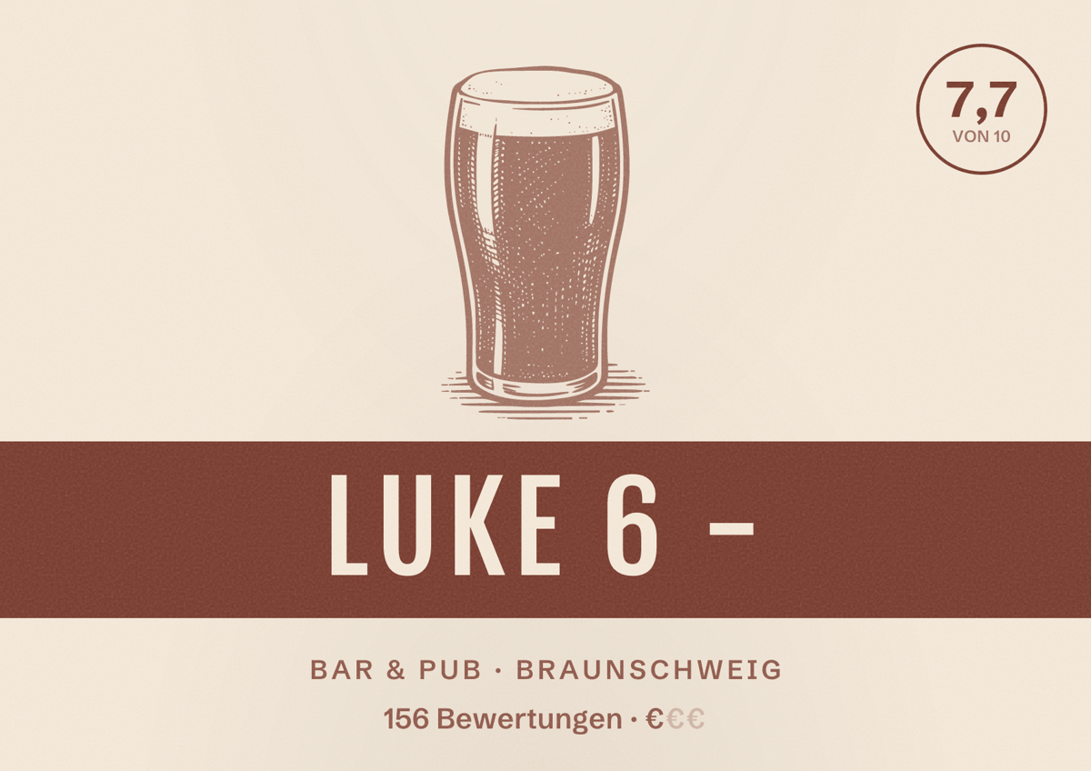 Illustriertes Poster von Luke 6 -, Bar & Pub in Braunschweig: Bewertung 7,7 von 10 aus 156 Bewertungen, Preisniveau €