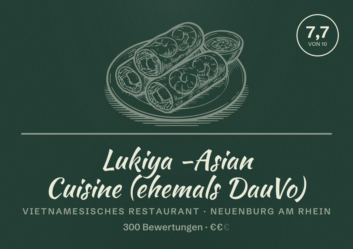 Illustriertes Poster von Lukiya -Asian Cuisine (ehemals DauVo), Vietnamesisches Restaurant in Neuenburg am Rhein: Bewertung 7,7 von 10 aus 300 Bewertungen, Preisniveau €€