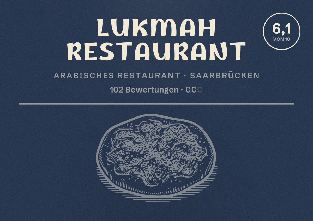 Illustriertes Poster von Lukmah Restaurant, Arabisches Restaurant in Saarbrücken: Bewertung 6,1 von 10 aus 102 Bewertungen, Preisniveau €€