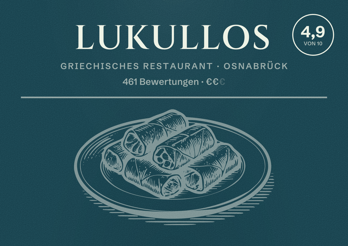 Illustriertes Poster von Lukullos, Griechisches Restaurant in Osnabrück: Bewertung 4,9 von 10 aus 461 Bewertungen, Preisniveau €€