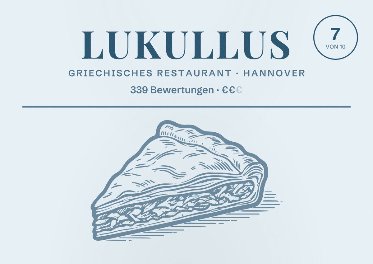 Illustriertes Poster von Lukullus, Griechisches Restaurant in Hannover: Bewertung 7 von 10 aus 339 Bewertungen, Preisniveau €€