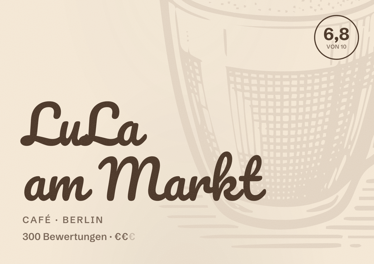 Illustriertes Poster von LuLa am Markt, Café in Berlin: Bewertung 6,8 von 10 aus 300 Bewertungen, Preisniveau €€