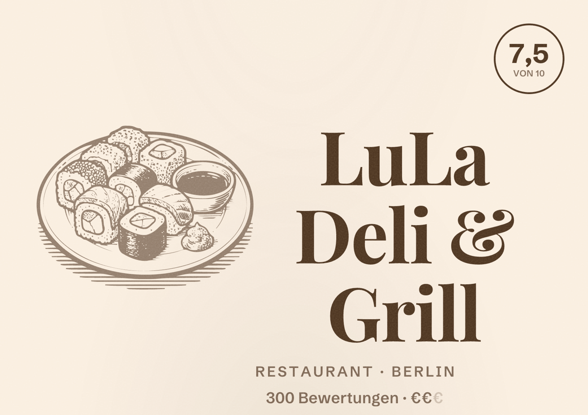 Illustriertes Poster von LuLa Deli & Grill, Restaurant in Berlin: Bewertung 7,5 von 10 aus 300 Bewertungen, Preisniveau €€