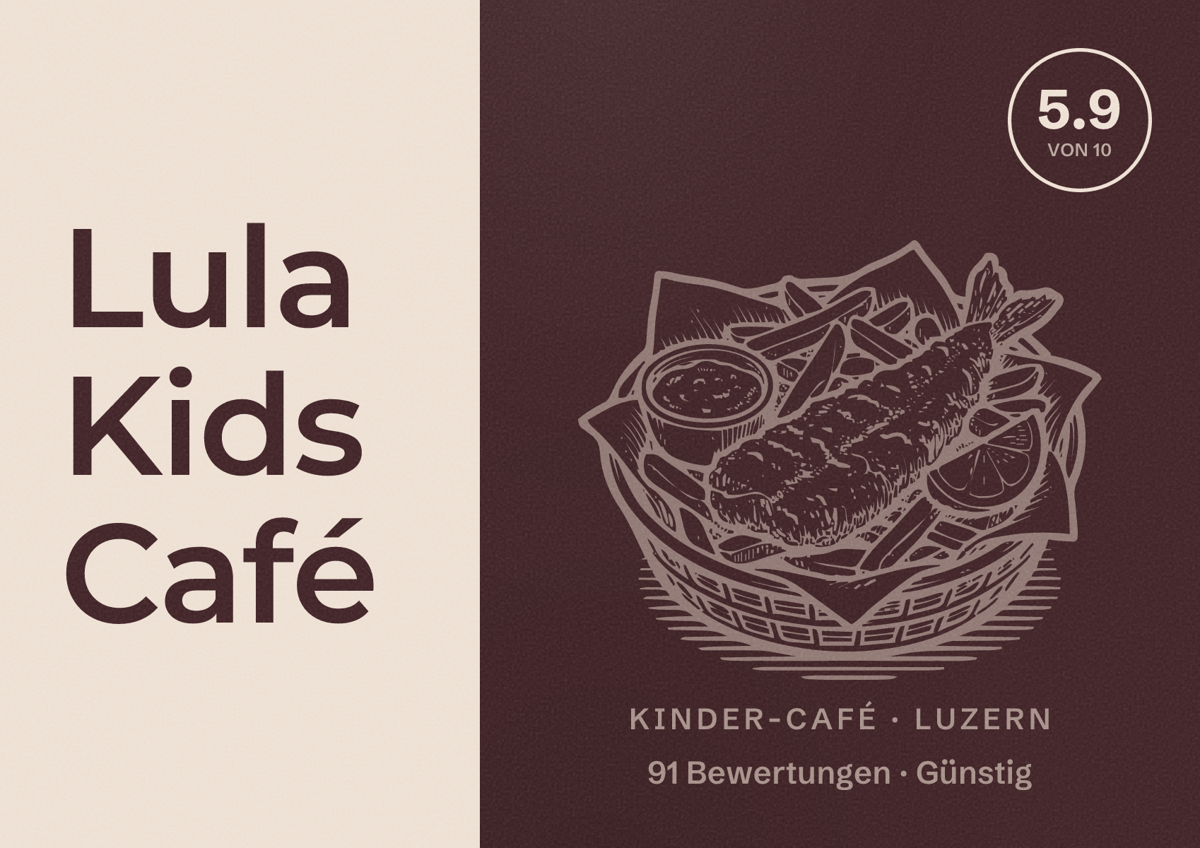 Illustriertes Poster von Lula Kids Café, Kinder-Café in Luzern: Bewertung 5.9 von 10 aus 91 Bewertungen, Preisniveau Günstig