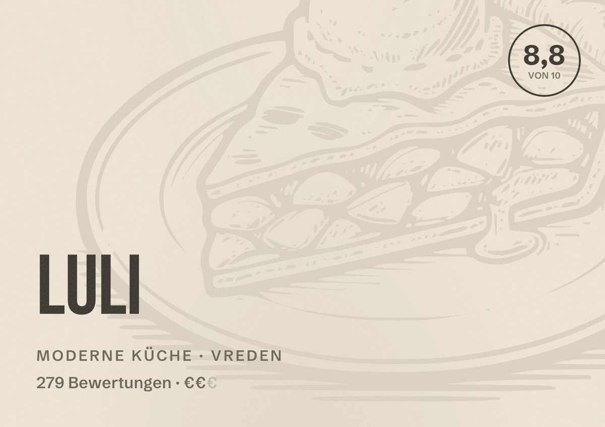 Illustriertes Poster von Luli, Moderne Küche in Vreden: Bewertung 8,8 von 10 aus 279 Bewertungen, Preisniveau €€