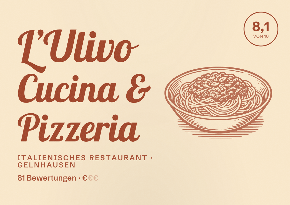 Illustriertes Poster von L’Ulivo Cucina & Pizzeria, Italienisches Restaurant in Gelnhausen: Bewertung 8,1 von 10 aus 81 Bewertungen, Preisniveau €
