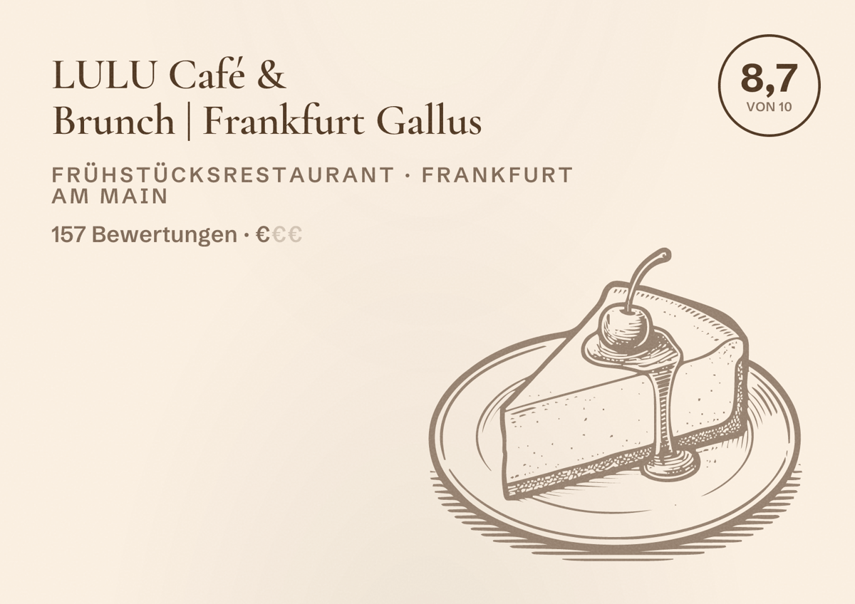 Illustriertes Poster von LULU Café & Brunch | Frankfurt Gallus, Frühstücksrestaurant in Frankfurt am Main: Bewertung 8,7 von 10 aus 157 Bewertungen, Preisniveau €