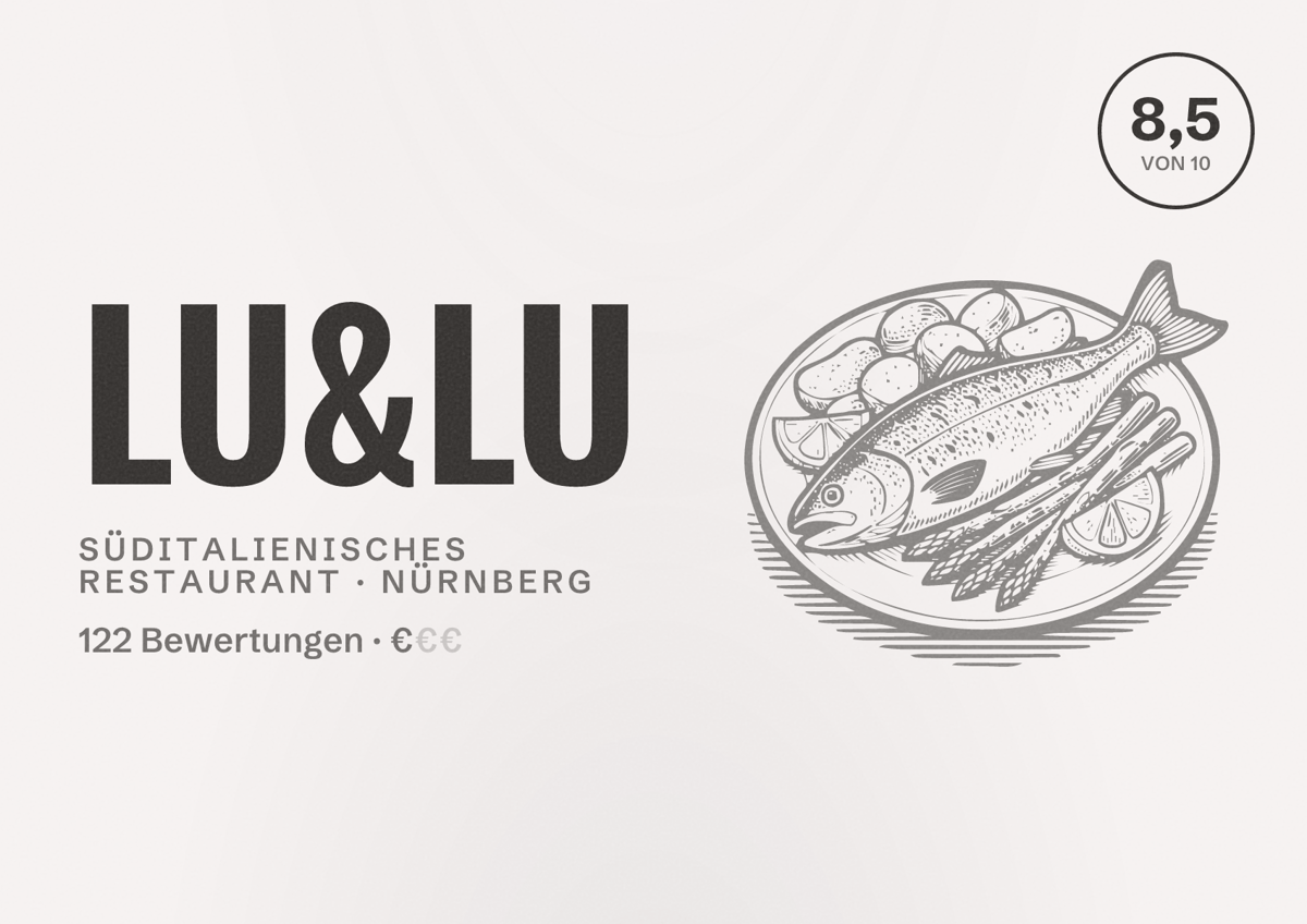Illustriertes Poster von LU&LU, Süditalienisches Restaurant in Nürnberg: Bewertung 8,5 von 10 aus 122 Bewertungen, Preisniveau €