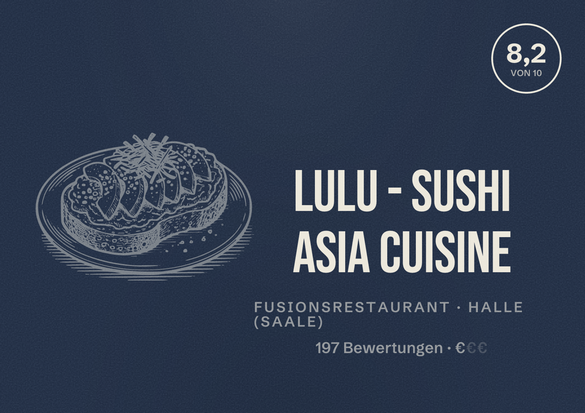 Illustriertes Poster von LuLu - Sushi Asia Cuisine, Fusionsrestaurant in Halle (Saale): Bewertung 8,2 von 10 aus 197 Bewertungen, Preisniveau €