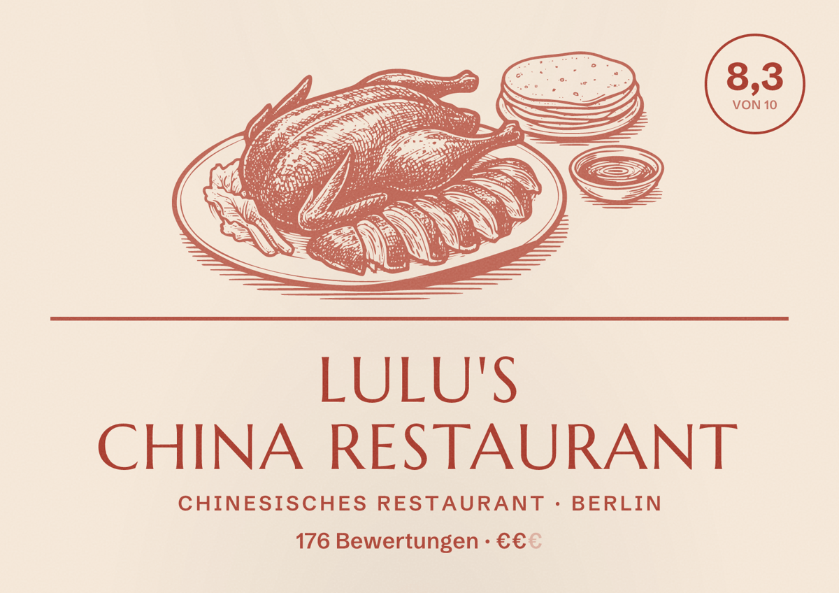 Illustriertes Poster von Lulu's China Restaurant, Chinesisches Restaurant in Berlin: Bewertung 8,3 von 10 aus 176 Bewertungen, Preisniveau €€