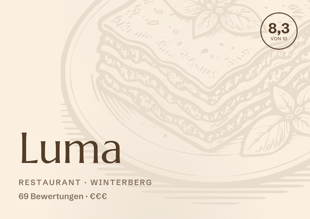 Illustriertes Poster von Luma, Restaurant in Winterberg: Bewertung 8,3 von 10 aus 69 Bewertungen, Preisniveau €€€