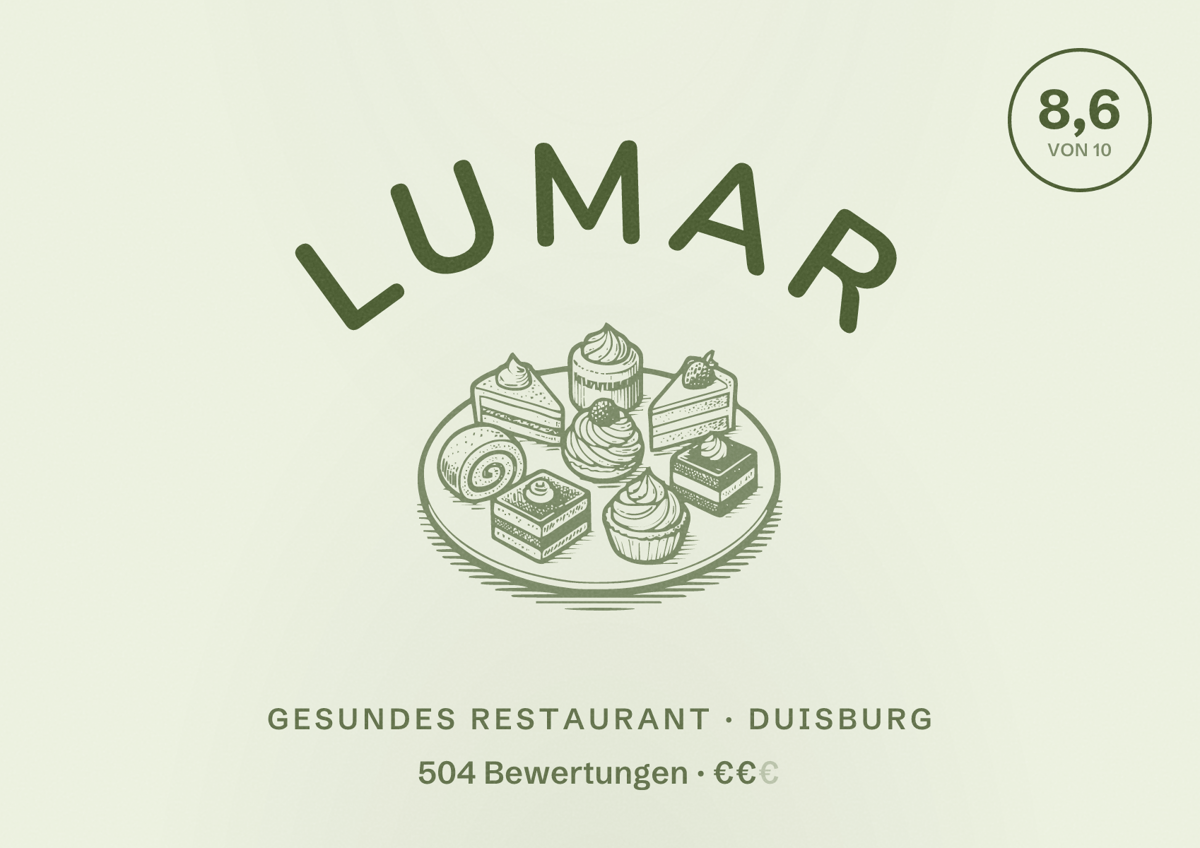 Illustriertes Poster von LuMar, Gesundes Restaurant in Duisburg: Bewertung 8,6 von 10 aus 504 Bewertungen, Preisniveau €€