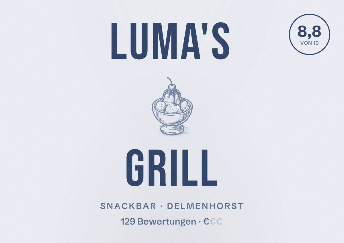 Illustriertes Poster von Luma's Grill, Snackbar in Delmenhorst: Bewertung 8,8 von 10 aus 129 Bewertungen, Preisniveau €