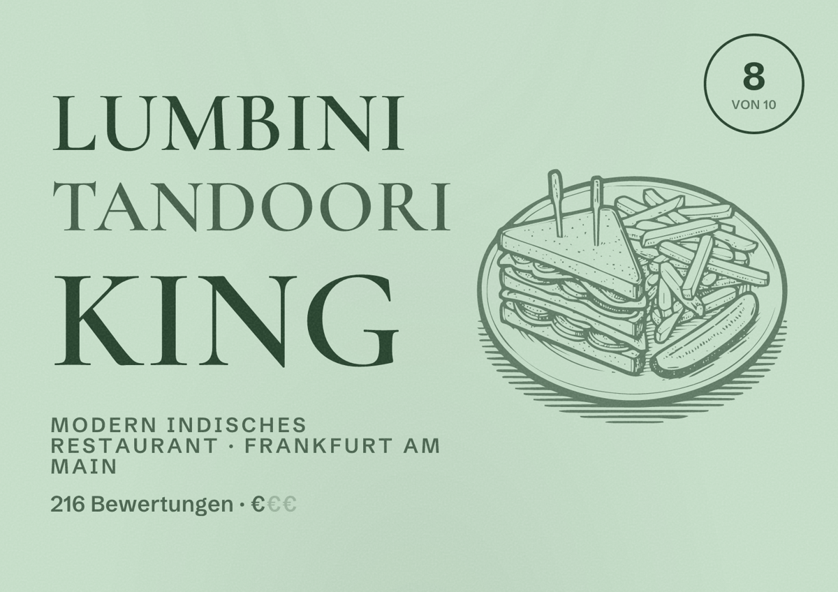 Illustriertes Poster von Lumbini Tandoori King, Modern indisches Restaurant in Frankfurt am Main: Bewertung 8,0 von 10 aus 216 Bewertungen, Preisniveau €