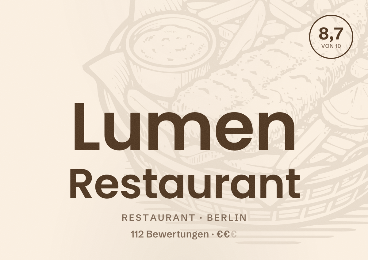 Illustriertes Poster von Lumen Restaurant, Restaurant in Berlin: Bewertung 8,7 von 10 aus 112 Bewertungen, Preisniveau €€